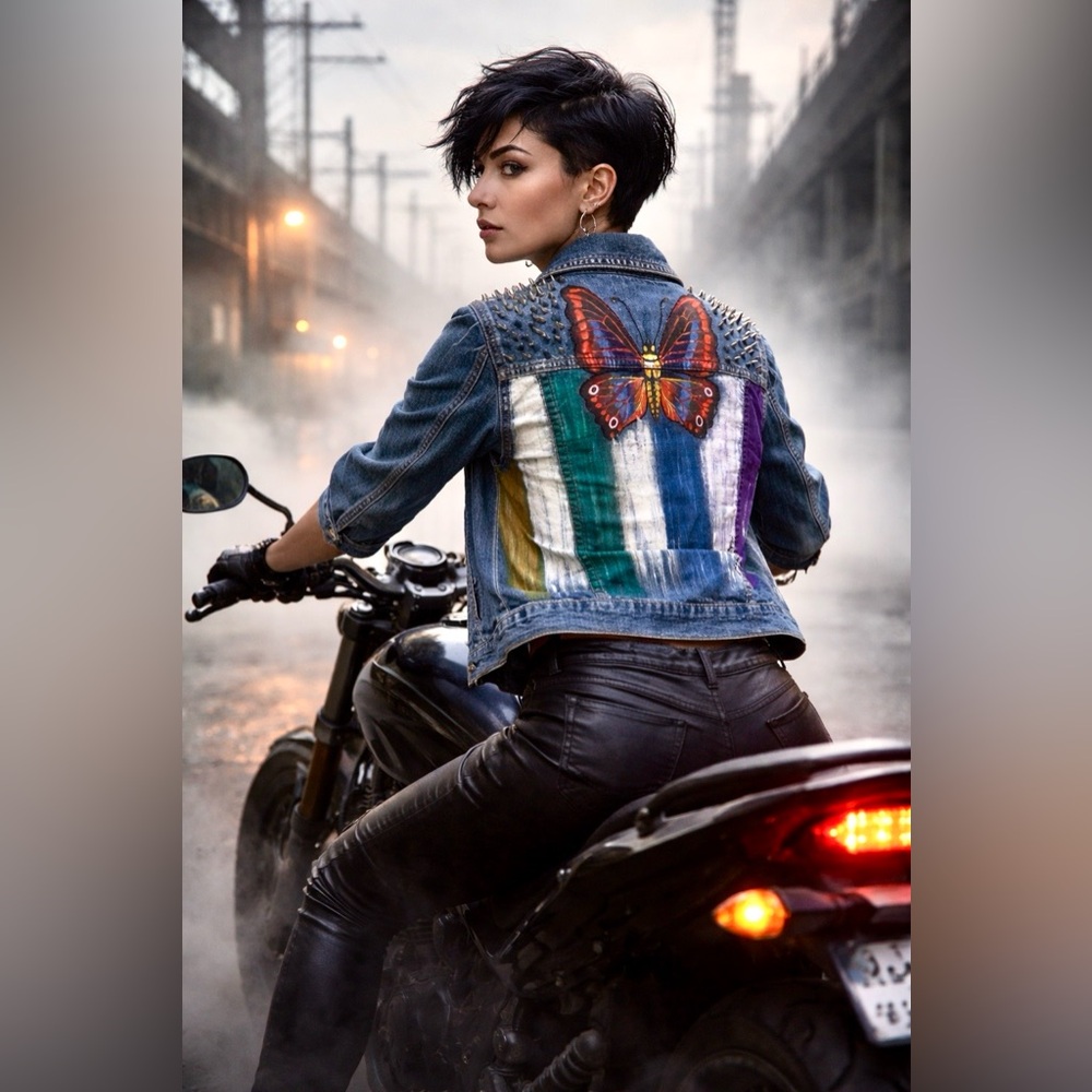 Akira Denim jacket sz MD handpainted butterfly/stripes metal spike studs OOAK
